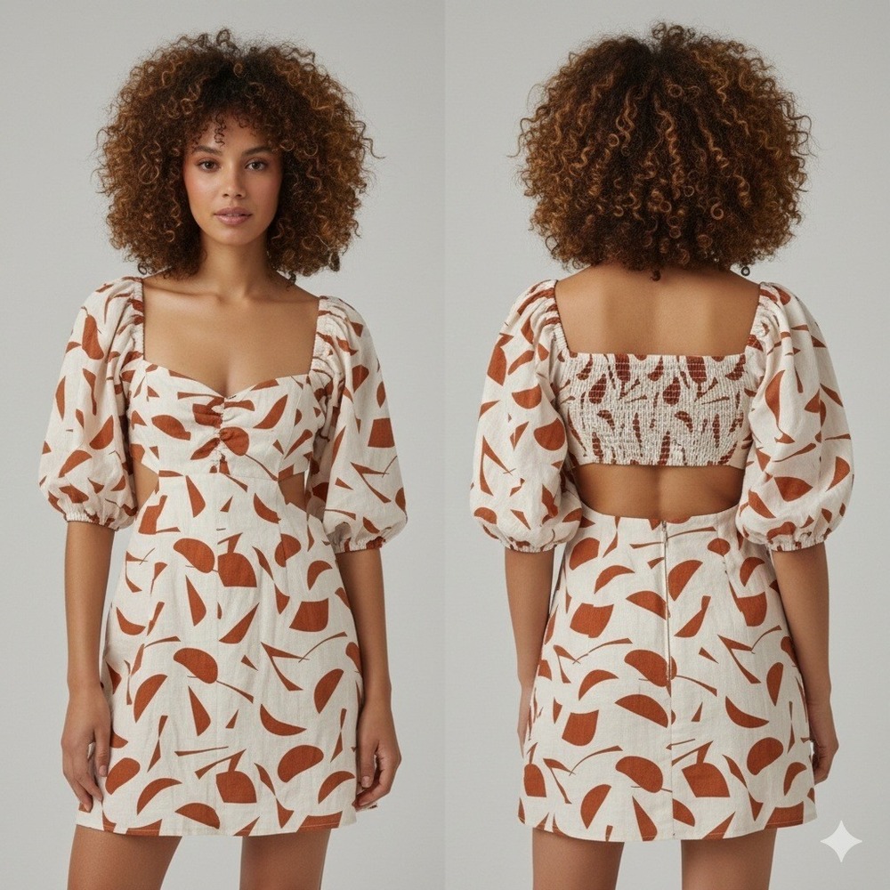 ASTR THE LABEL Cut Out Linen Blend Mini Dress Abstract Print Puff‎ Sleeve L